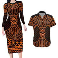 Karaka Maori Ta Moko Poutama Art Couples Matching Long Sleeve Bodycon Dress and Hawaiian Shirt LT9 Gold - Polynesian Pride