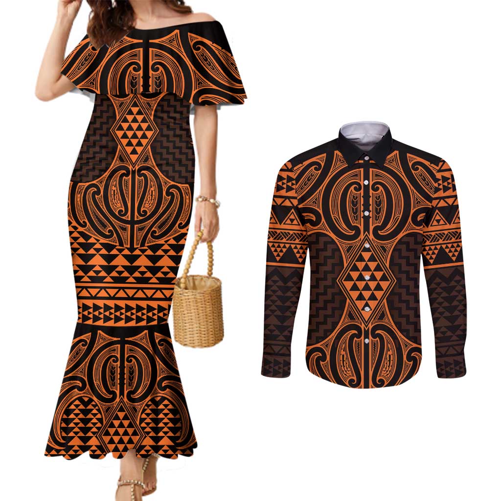 Karaka Maori Ta Moko Poutama Art Couples Matching Mermaid Dress and Long Sleeve Button Shirt LT9 Gold - Polynesian Pride
