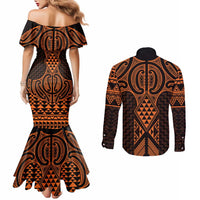 Karaka Maori Ta Moko Poutama Art Couples Matching Mermaid Dress and Long Sleeve Button Shirt LT9 - Polynesian Pride