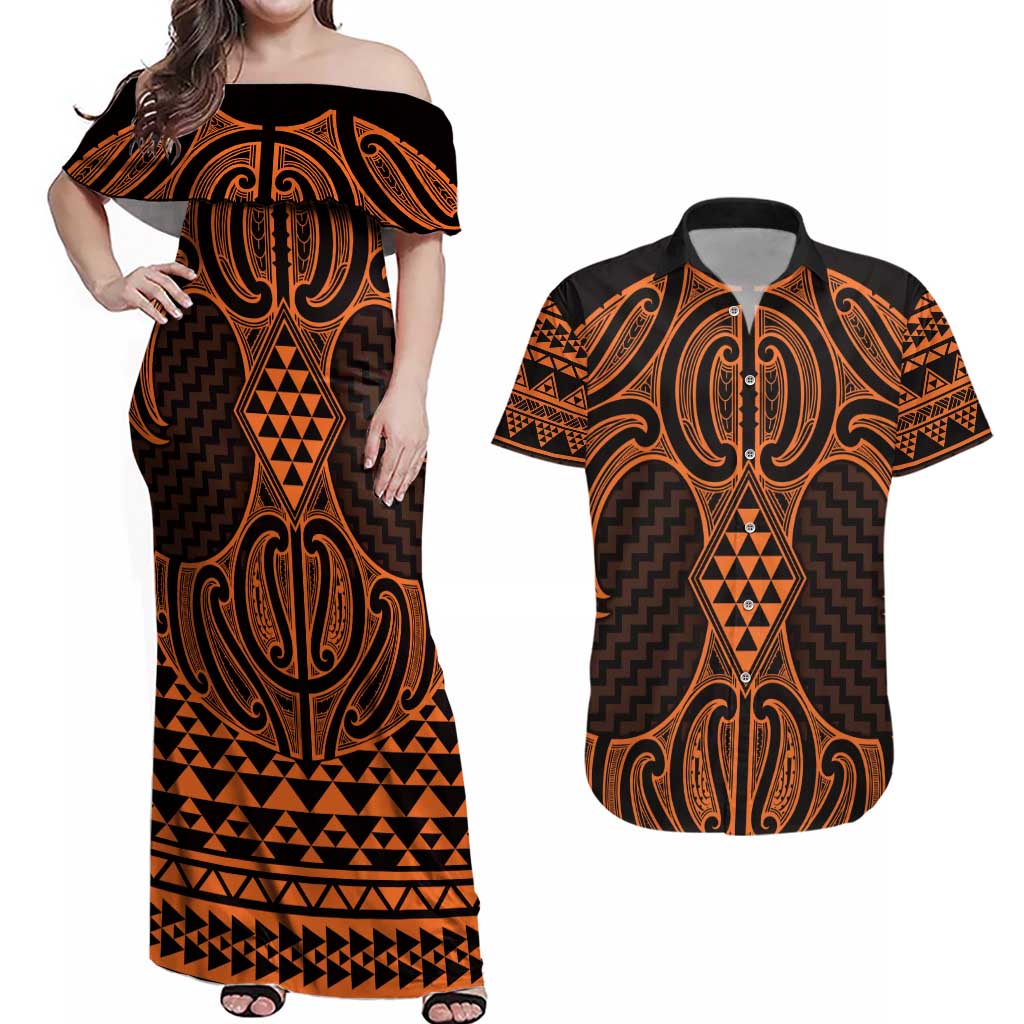 Karaka Maori Ta Moko Poutama Art Couples Matching Off Shoulder Maxi Dress and Hawaiian Shirt LT9 Gold - Polynesian Pride