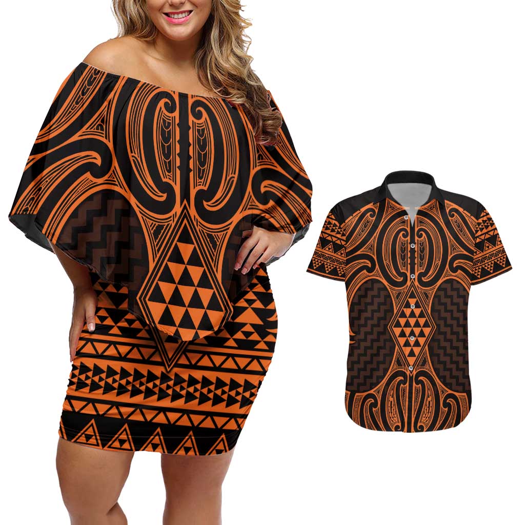 Karaka Maori Ta Moko Poutama Art Couples Matching Off Shoulder Short Dress and Hawaiian Shirt LT9 Gold - Polynesian Pride