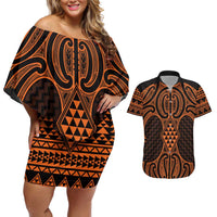 Karaka Maori Ta Moko Poutama Art Couples Matching Off Shoulder Short Dress and Hawaiian Shirt LT9 Gold - Polynesian Pride