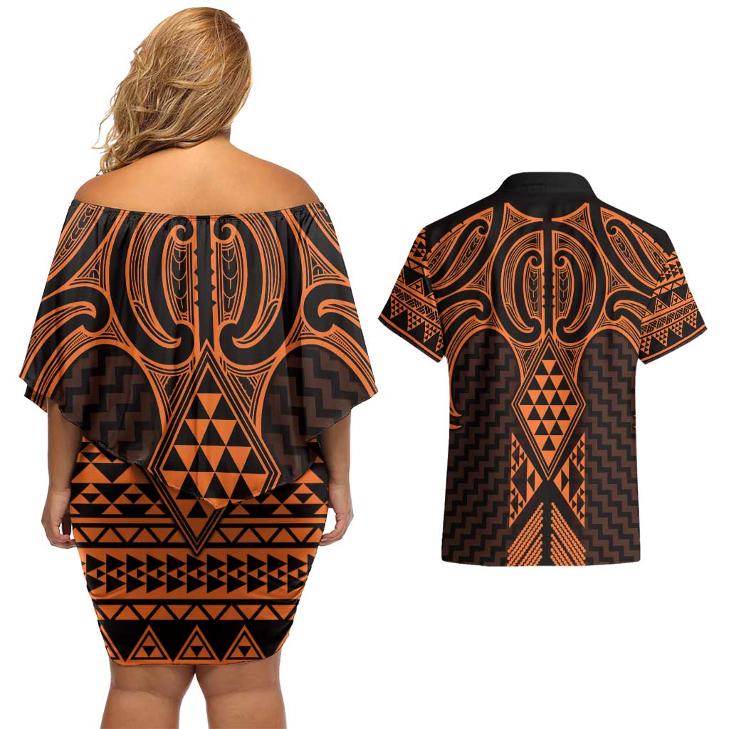 Karaka Maori Ta Moko Poutama Art Couples Matching Off Shoulder Short Dress and Hawaiian Shirt LT9 - Polynesian Pride