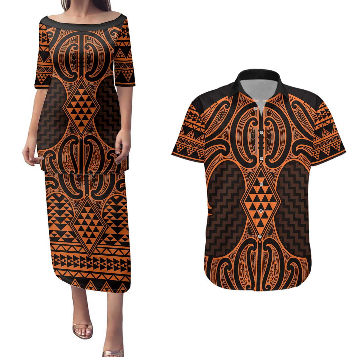 Karaka Maori Ta Moko Poutama Art Couples Matching Puletasi and Hawaiian Shirt