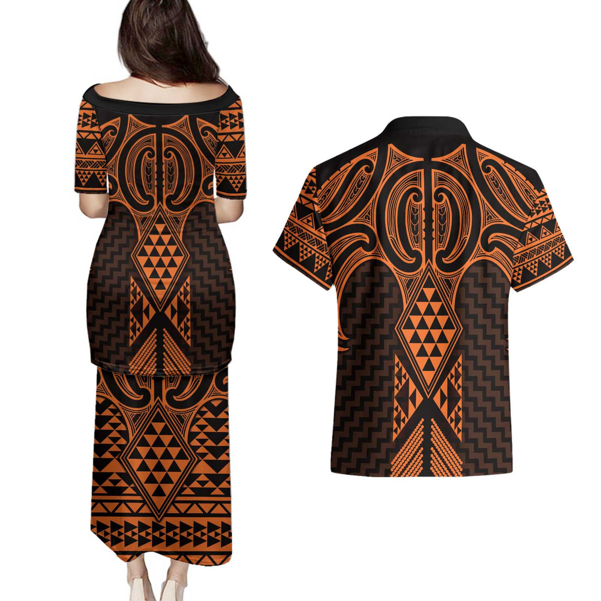 Karaka Maori Ta Moko Poutama Art Couples Matching Puletasi and Hawaiian Shirt
