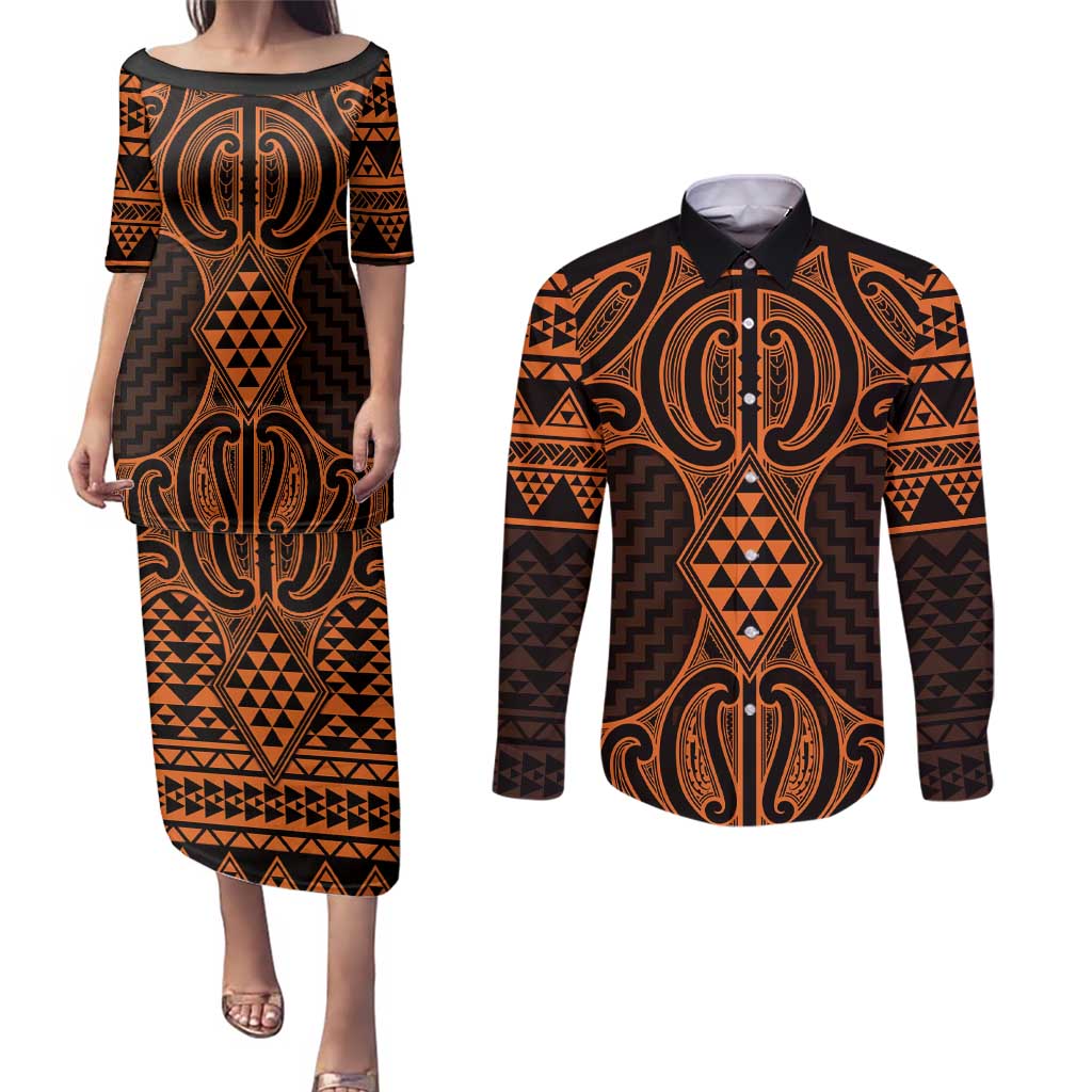 Karaka Maori Ta Moko Poutama Art Couples Matching Puletasi and Long Sleeve Button Shirt LT9 Gold - Polynesian Pride
