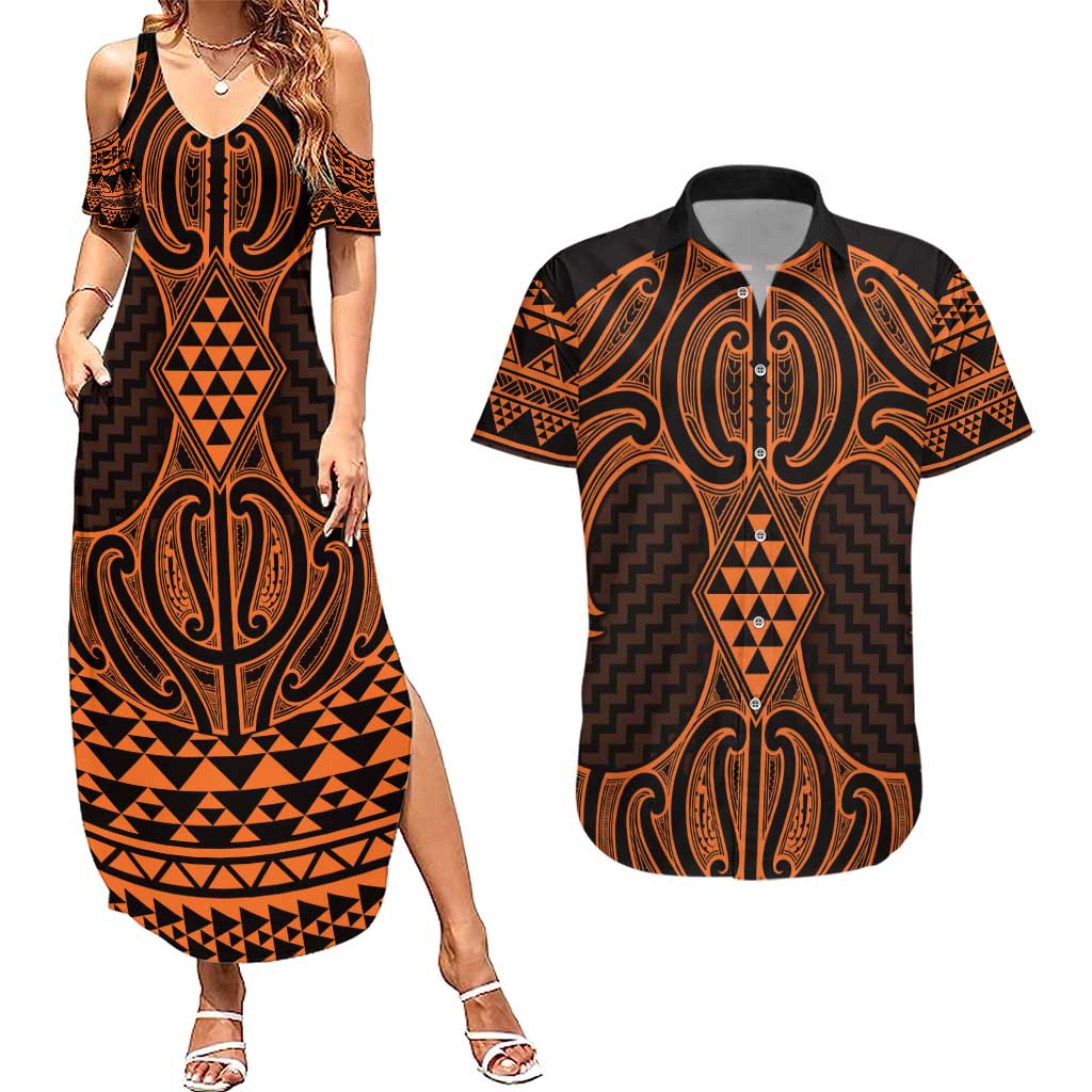 Karaka Maori Ta Moko Poutama Art Couples Matching Summer Maxi Dress and Hawaiian Shirt LT9 Gold - Polynesian Pride