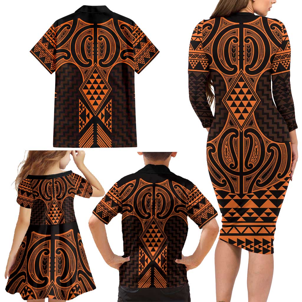 Karaka Maori Ta Moko Poutama Art Family Matching Long Sleeve Bodycon Dress and Hawaiian Shirt LT9 - Polynesian Pride