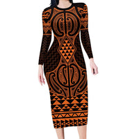 Karaka Maori Ta Moko Poutama Art Family Matching Long Sleeve Bodycon Dress and Hawaiian Shirt LT9 Mom's Dress Gold - Polynesian Pride