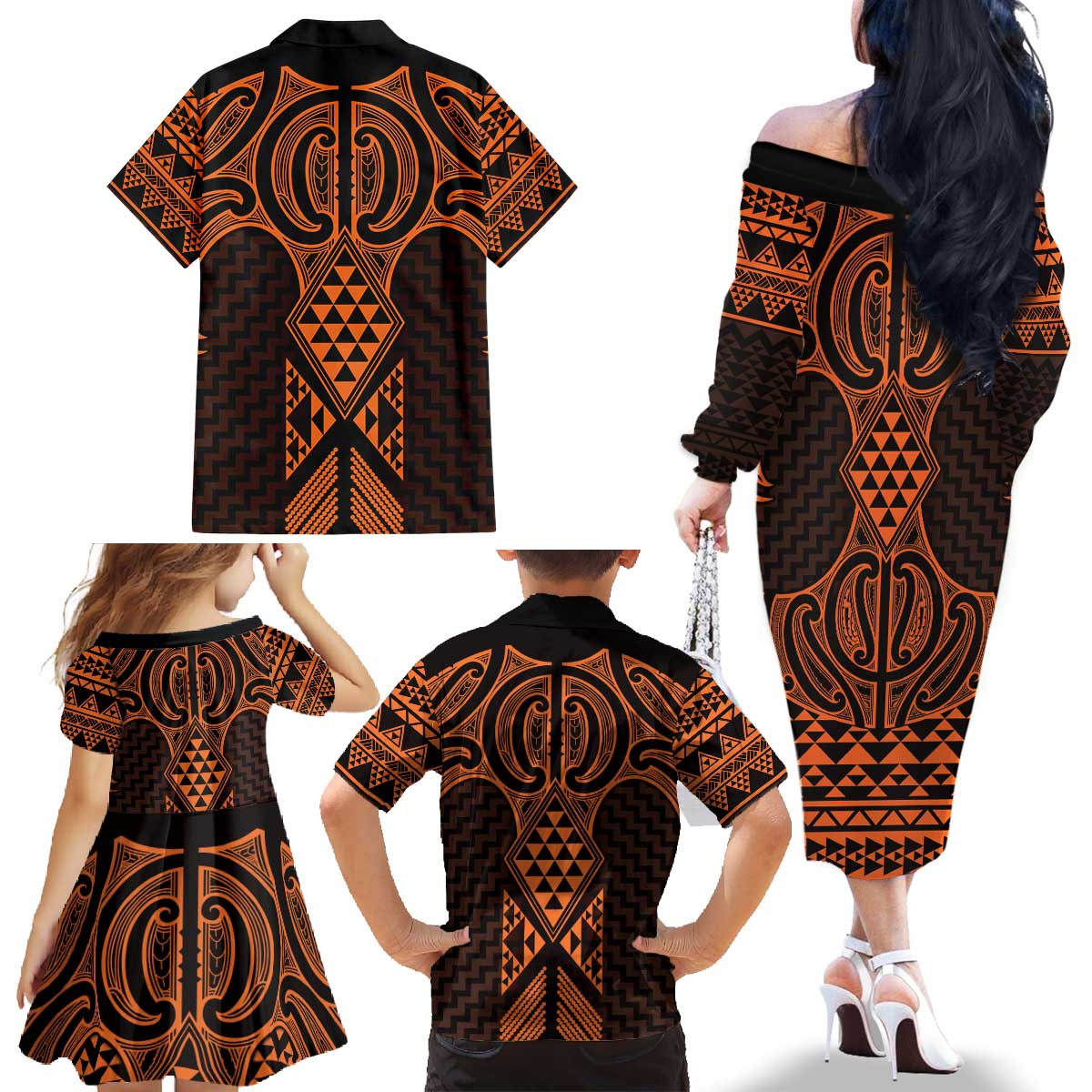 Karaka Maori Ta Moko Poutama Art Family Matching Off The Shoulder Long Sleeve Dress and Hawaiian Shirt LT9 - Polynesian Pride