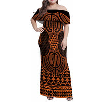 Karaka Maori Ta Moko Poutama Art Family Matching Off Shoulder Maxi Dress and Hawaiian Shirt LT9 Mom's Dress Gold - Polynesian Pride
