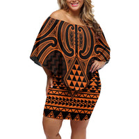Karaka Maori Ta Moko Poutama Art Family Matching Off Shoulder Short Dress and Hawaiian Shirt LT9 Mom's Dress Gold - Polynesian Pride