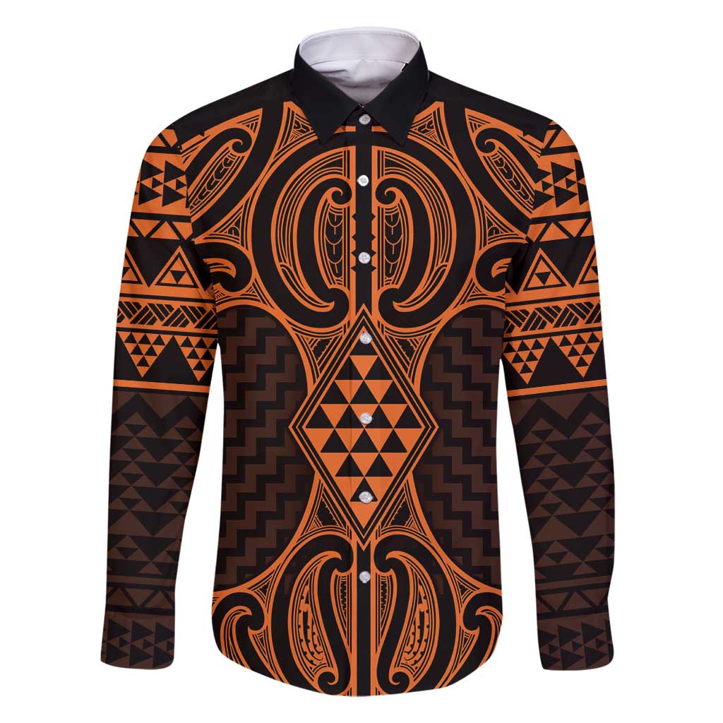Karaka Maori Ta Moko Poutama Art Family Matching Tank Maxi Dress and Hawaiian Shirt LT9 Dad's Shirt - Long Sleeve Gold - Polynesian Pride