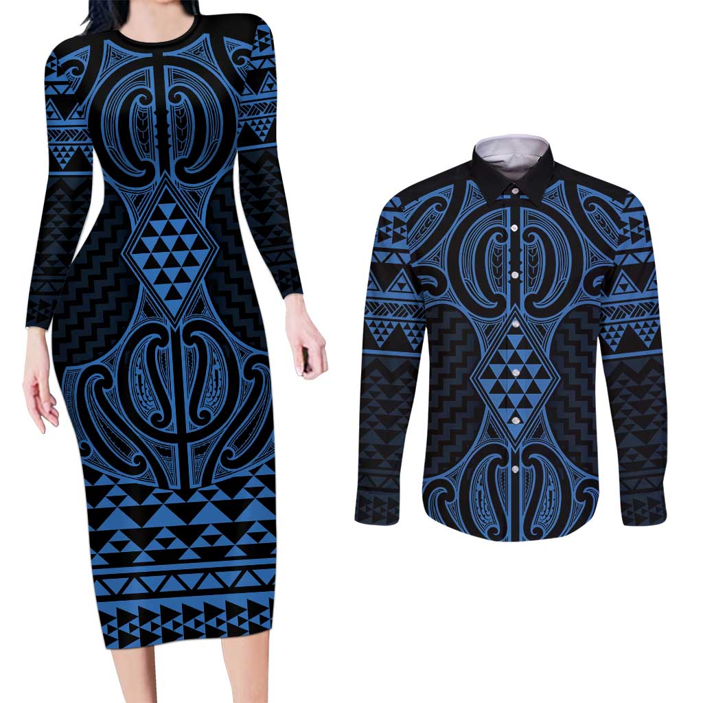 Kikorangi Maori Ta Moko Poutama Art Couples Matching Long Sleeve Bodycon Dress and Long Sleeve Button Shirt LT9 Blue - Polynesian Pride