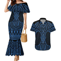 Kikorangi Maori Ta Moko Poutama Art Couples Matching Mermaid Dress and Hawaiian Shirt LT9 Blue - Polynesian Pride