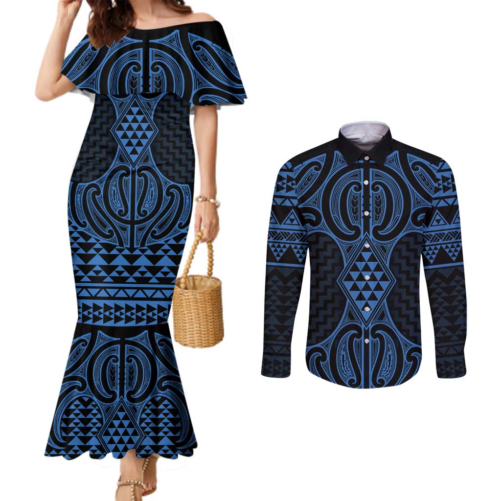 Kikorangi Maori Ta Moko Poutama Art Couples Matching Mermaid Dress and Long Sleeve Button Shirt LT9 Blue - Polynesian Pride