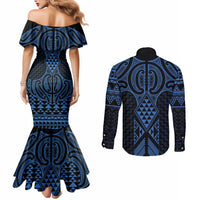 Kikorangi Maori Ta Moko Poutama Art Couples Matching Mermaid Dress and Long Sleeve Button Shirt LT9 - Polynesian Pride
