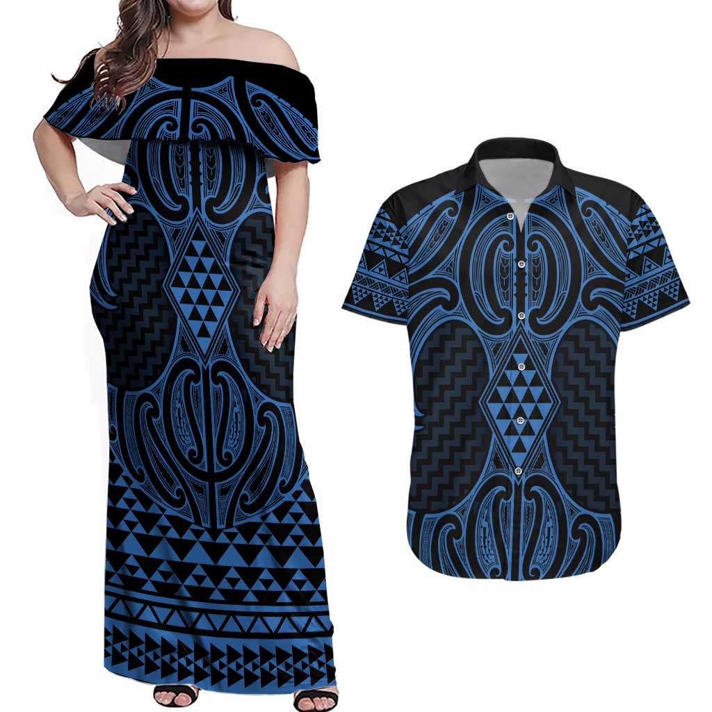 Kikorangi Maori Ta Moko Poutama Art Couples Matching Off Shoulder Maxi Dress and Hawaiian Shirt LT9 Blue - Polynesian Pride