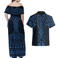 Kikorangi Maori Ta Moko Poutama Art Couples Matching Off Shoulder Maxi Dress and Hawaiian Shirt LT9 - Polynesian Pride