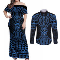 Kikorangi Maori Ta Moko Poutama Art Couples Matching Off Shoulder Maxi Dress and Long Sleeve Button Shirt LT9 Blue - Polynesian Pride