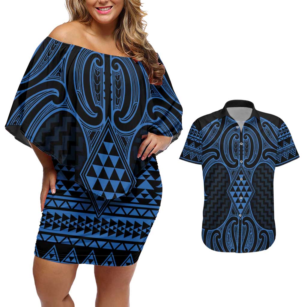 Kikorangi Maori Ta Moko Poutama Art Couples Matching Off Shoulder Short Dress and Hawaiian Shirt LT9 Blue - Polynesian Pride