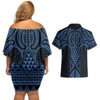 Kikorangi Maori Ta Moko Poutama Art Couples Matching Off Shoulder Short Dress and Hawaiian Shirt LT9 - Polynesian Pride