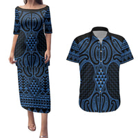 Kikorangi Maori Ta Moko Poutama Art Couples Matching Puletasi and Hawaiian Shirt LT9 Blue - Polynesian Pride