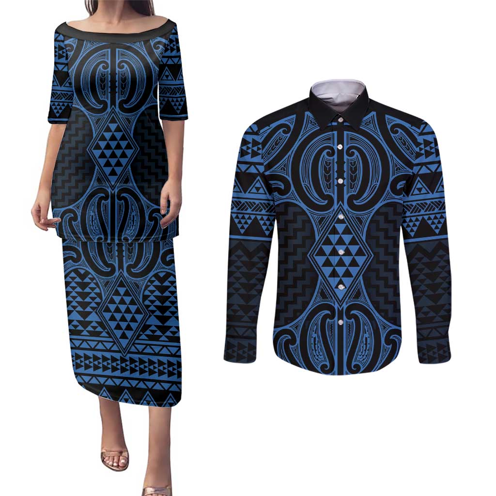 Kikorangi Maori Ta Moko Poutama Art Couples Matching Puletasi and Long Sleeve Button Shirt LT9 Blue - Polynesian Pride