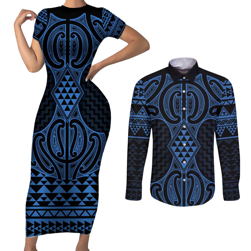Kikorangi Maori Ta Moko Poutama Art Couples Matching Short Sleeve Bodycon Dress and Long Sleeve Button Shirt LT9 Blue - Polynesian Pride