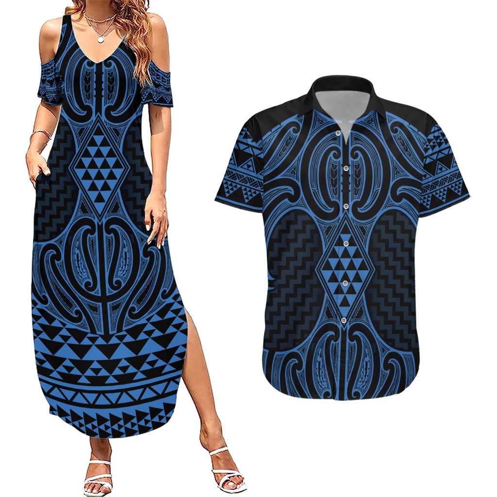 Kikorangi Maori Ta Moko Poutama Art Couples Matching Summer Maxi Dress and Hawaiian Shirt LT9 Blue - Polynesian Pride