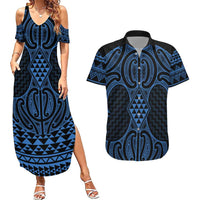 Kikorangi Maori Ta Moko Poutama Art Couples Matching Summer Maxi Dress and Hawaiian Shirt LT9 Blue - Polynesian Pride