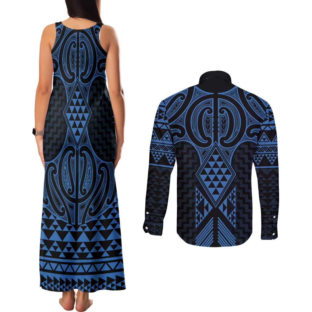 Kikorangi Maori Ta Moko Poutama Art Couples Matching Tank Maxi Dress and Long Sleeve Button Shirt LT9 - Polynesian Pride