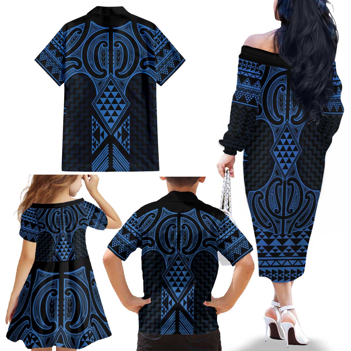 Kikorangi Maori Ta Moko Poutama Art Family Matching Off The Shoulder Long Sleeve Dress and Hawaiian Shirt LT9 - Polynesian Pride