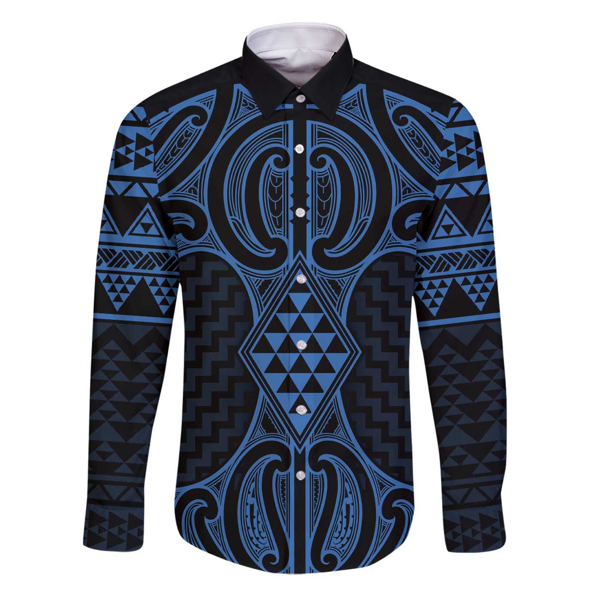 Kikorangi Maori Ta Moko Poutama Art Family Matching Off The Shoulder Long Sleeve Dress and Hawaiian Shirt LT9 Dad's Shirt - Long Sleeve Blue - Polynesian Pride