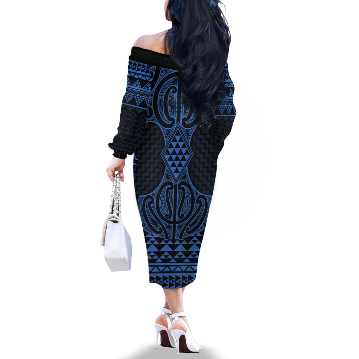 Kikorangi Maori Ta Moko Poutama Art Family Matching Off The Shoulder Long Sleeve Dress and Hawaiian Shirt LT9 - Polynesian Pride