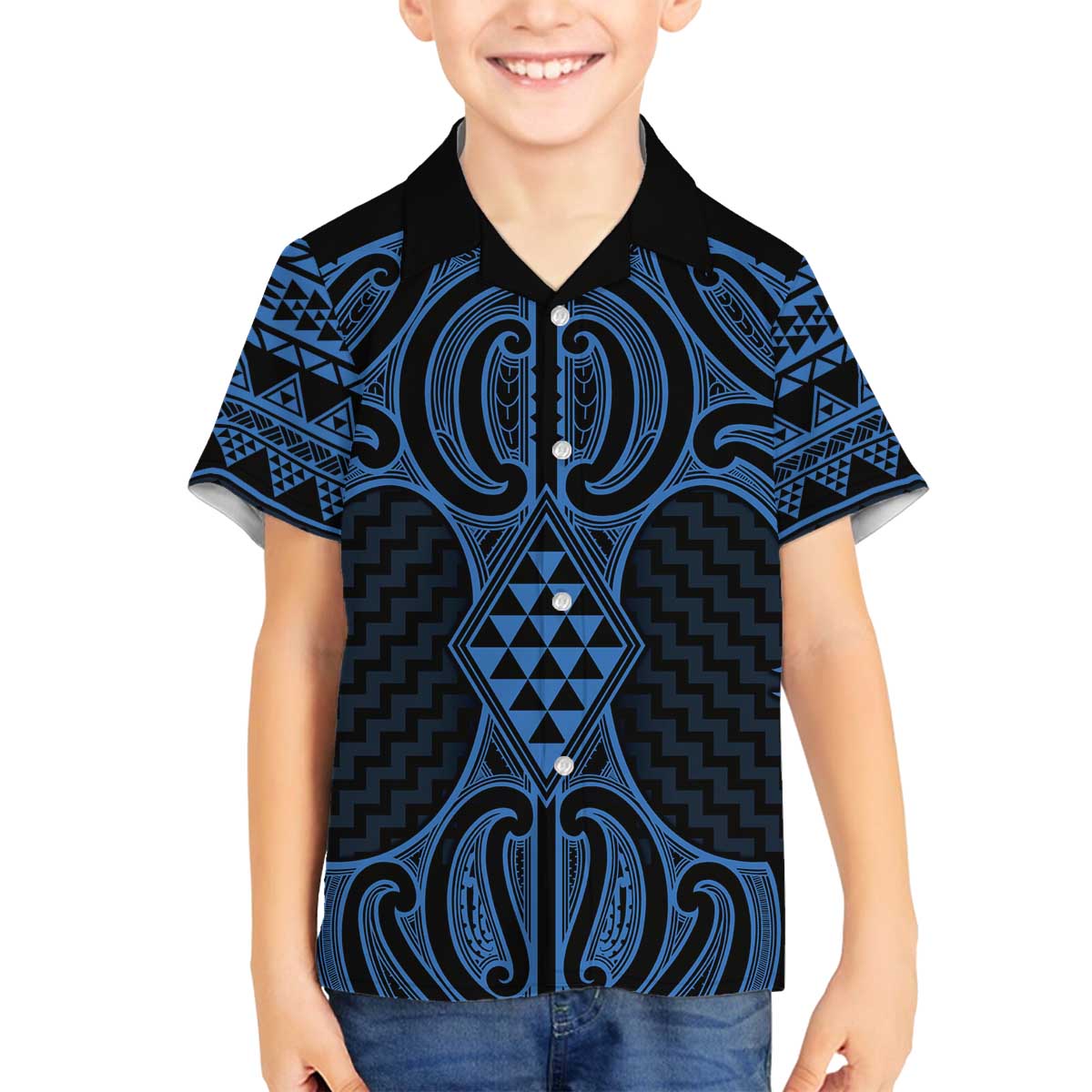 Kikorangi Maori Ta Moko Poutama Art Family Matching Off The Shoulder Long Sleeve Dress and Hawaiian Shirt LT9 Son's Shirt Blue - Polynesian Pride