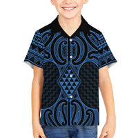 Kikorangi Maori Ta Moko Poutama Art Family Matching Off Shoulder Maxi Dress and Hawaiian Shirt LT9 Son's Shirt Blue - Polynesian Pride
