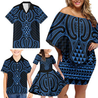 Kikorangi Maori Ta Moko Poutama Art Family Matching Off Shoulder Short Dress and Hawaiian Shirt LT9 - Polynesian Pride