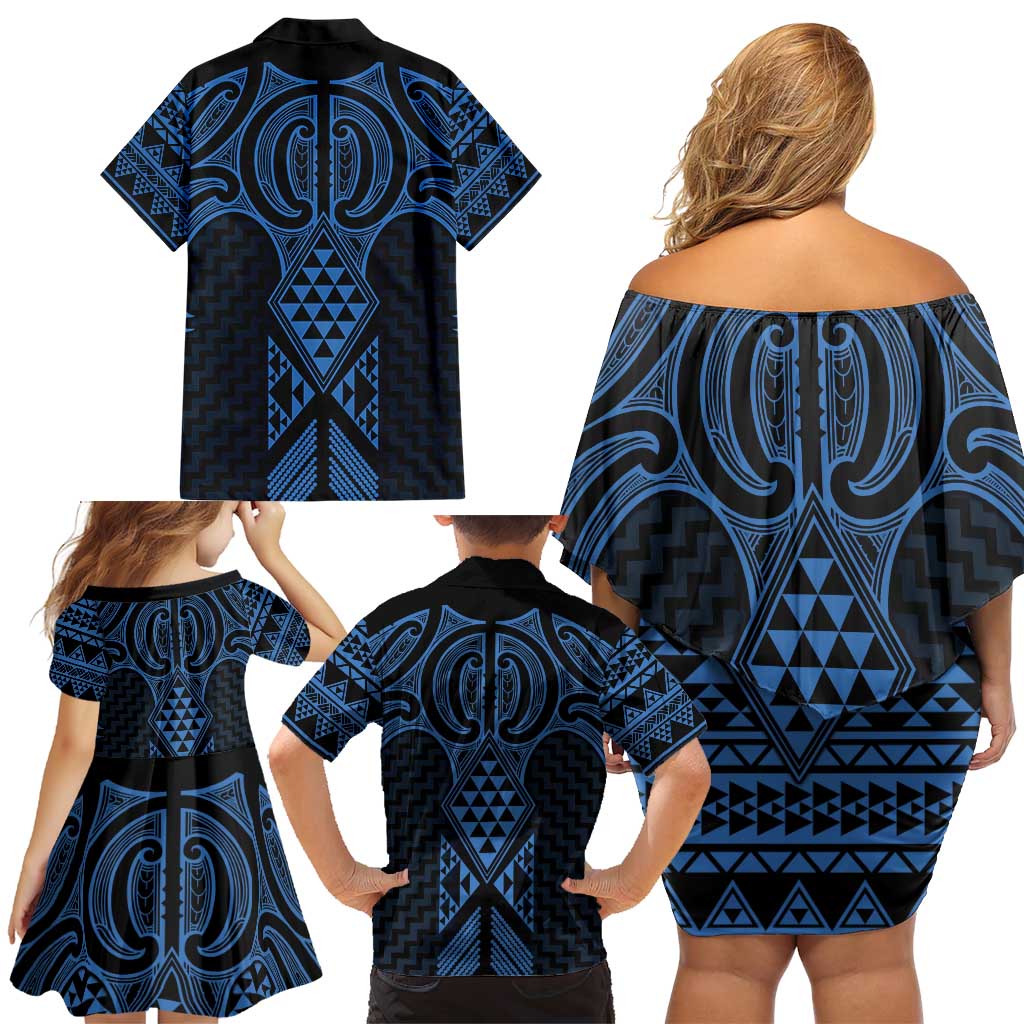 Kikorangi Maori Ta Moko Poutama Art Family Matching Off Shoulder Short Dress and Hawaiian Shirt LT9 - Polynesian Pride