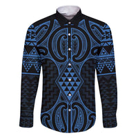 Kikorangi Maori Ta Moko Poutama Art Family Matching Short Sleeve Bodycon Dress and Hawaiian Shirt LT9 Dad's Shirt - Long Sleeve Blue - Polynesian Pride
