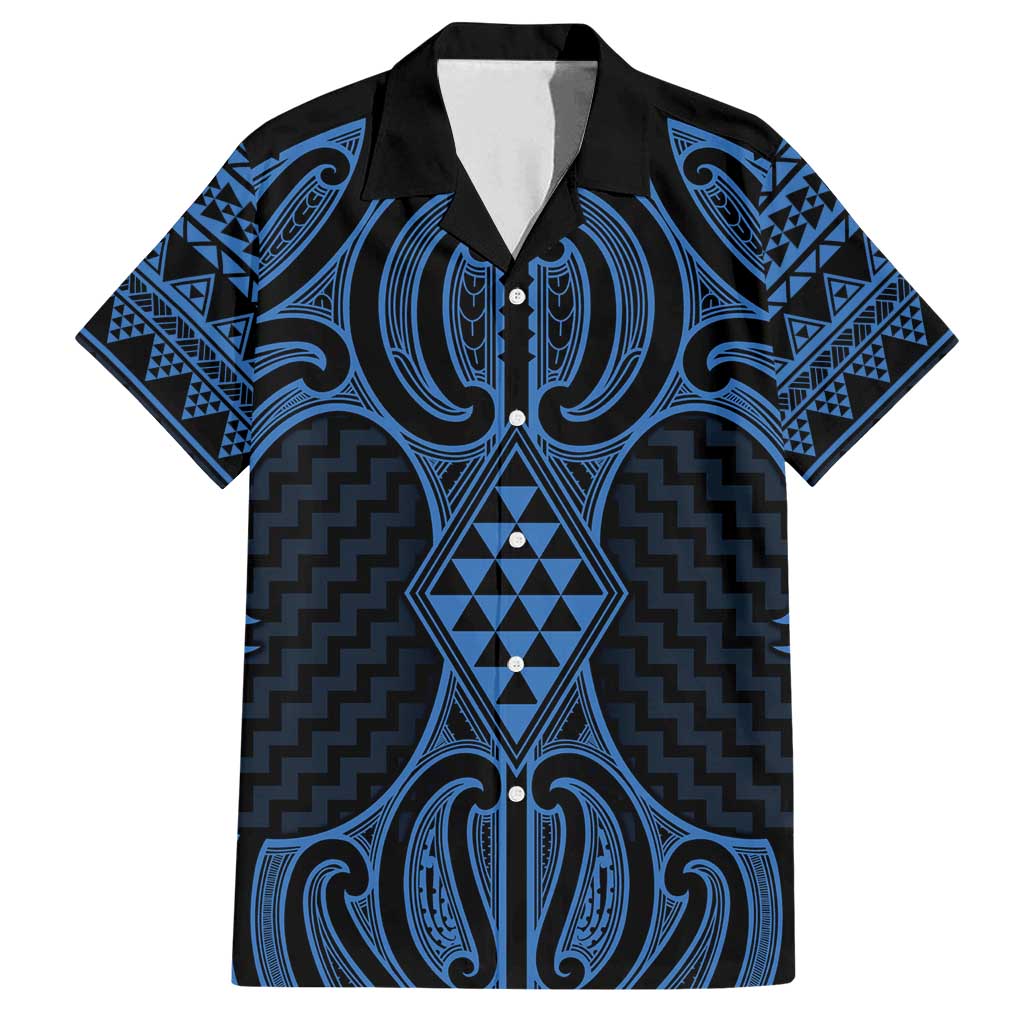 Kikorangi Maori Ta Moko Poutama Art Family Matching Summer Maxi Dress and Hawaiian Shirt LT9 Dad's Shirt - Short Sleeve Blue - Polynesian Pride