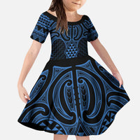 Kikorangi Maori Ta Moko Poutama Art Kid Short Sleeve Dress LT9 KID Blue - Polynesian Pride