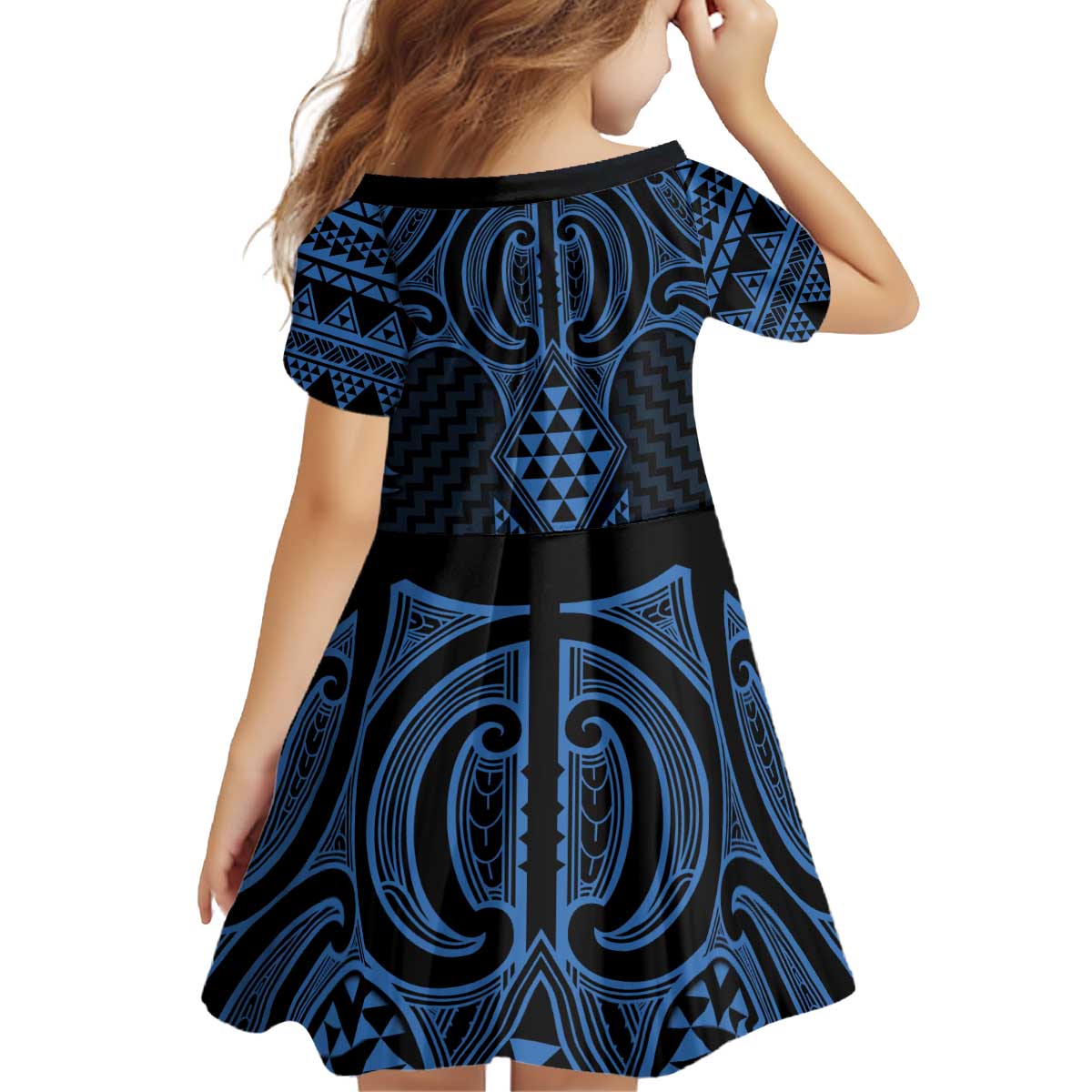 Kikorangi Maori Ta Moko Poutama Art Kid Short Sleeve Dress LT9 - Polynesian Pride