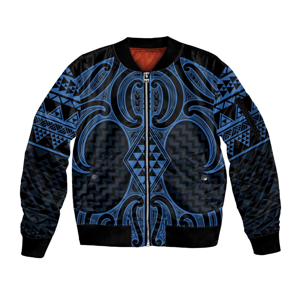 Kikorangi Maori Ta Moko Poutama Art Sleeve Zip Bomber Jacket LT9 Unisex Blue - Polynesian Pride