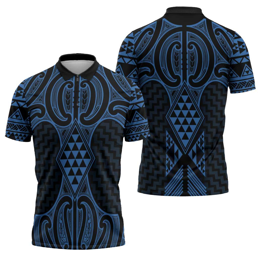 Kikorangi Maori Ta Moko Poutama Art Zipper Polo Shirt - Polynesian Pride