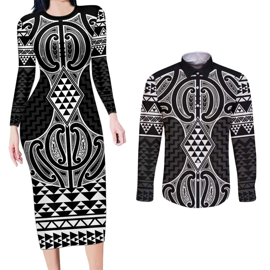 Ma Maori Ta Moko Poutama Art Couples Matching Long Sleeve Bodycon Dress and Long Sleeve Button Shirt LT9 White - Polynesian Pride