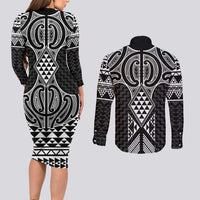 Ma Maori Ta Moko Poutama Art Couples Matching Long Sleeve Bodycon Dress and Long Sleeve Button Shirt LT9 - Polynesian Pride