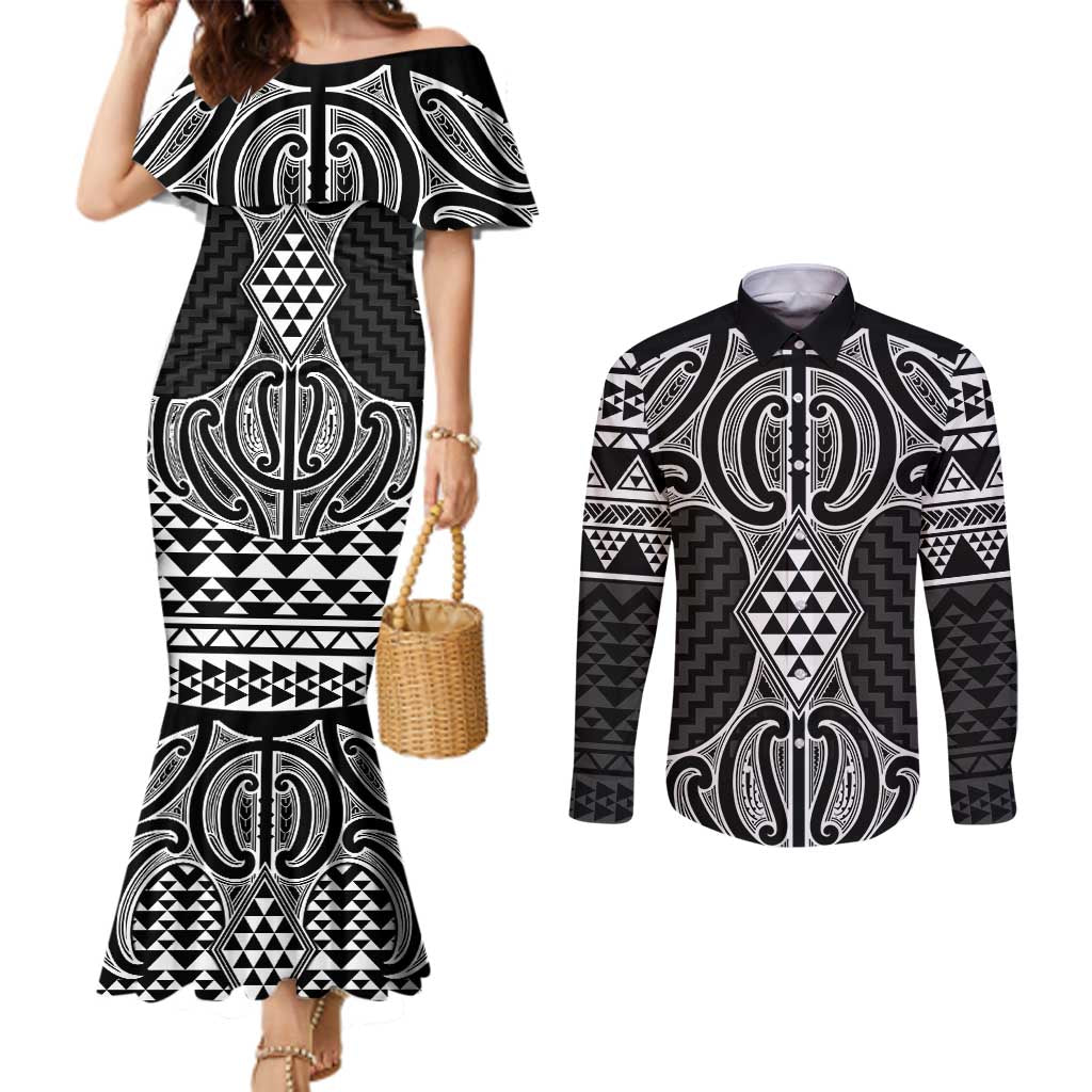 Ma Maori Ta Moko Poutama Art Couples Matching Mermaid Dress and Long Sleeve Button Shirt LT9 White - Polynesian Pride
