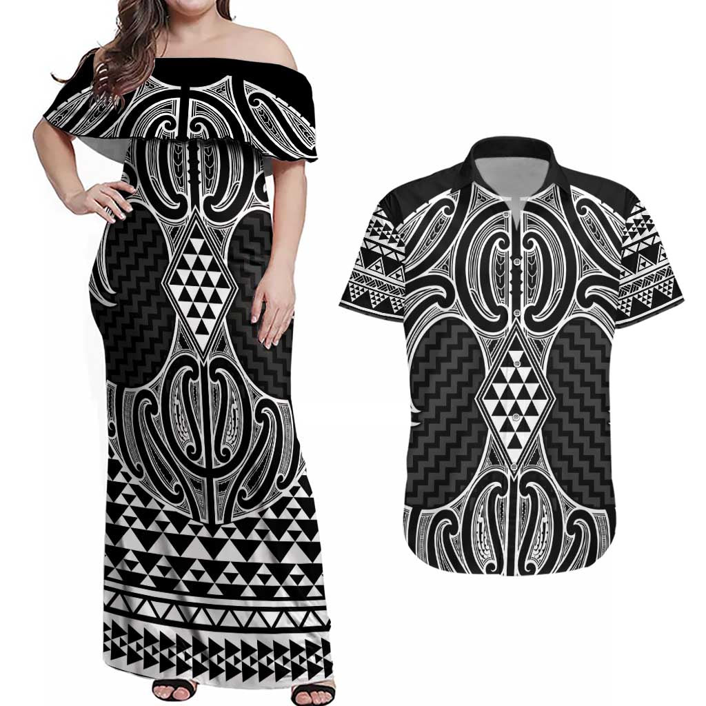 Ma Maori Ta Moko Poutama Art Couples Matching Off Shoulder Maxi Dress and Hawaiian Shirt LT9 White - Polynesian Pride