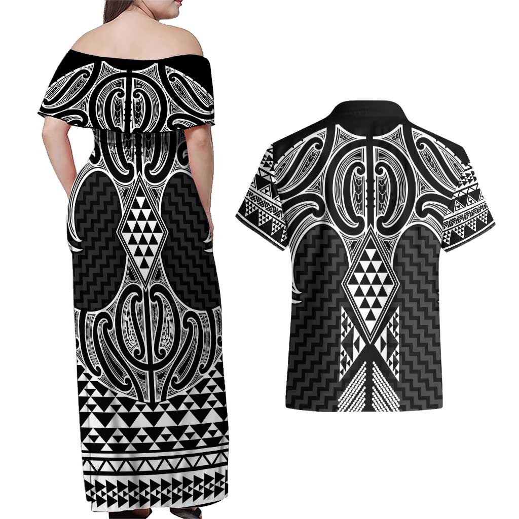Ma Maori Ta Moko Poutama Art Couples Matching Off Shoulder Maxi Dress and Hawaiian Shirt LT9 - Polynesian Pride